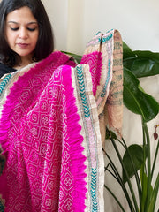 Rani Pink Rai Bandhej Dupatta with Kantha Handwork in Pure Munga Tussar Silk - Masakalee