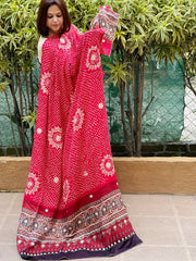 Red Bandhani, Ajrakh Dupatta with Gotapatti Handwork in Gajji Silk - Masakalee