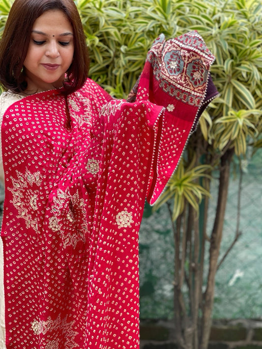 Red Bandhani, Ajrakh Dupatta with Gotapatti Handwork in Gajji Silk - Masakalee