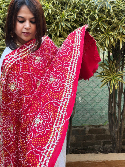 Red Bandhani Dupatta with Gotapatti Handwork in Pure Silk - Masakalee