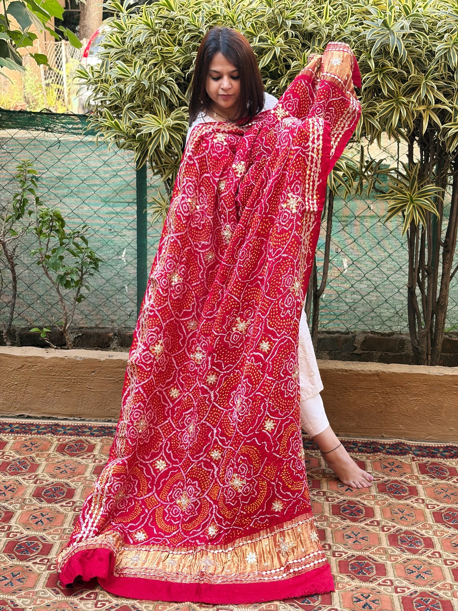 Red Bandhani Dupatta with Gotapatti Handwork in Pure Silk - Masakalee