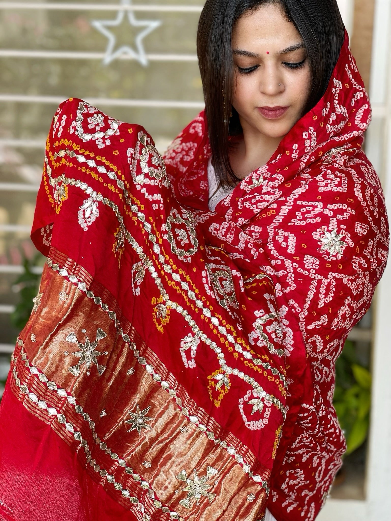 Red Bandhani Dupatta with Gotapatti Handwork in Pure Silk - Masakalee