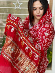 Red Bandhani Dupatta with Gotapatti Handwork in Pure Silk - Masakalee