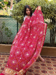 Red Bandhani Dupatta with Gotapatti Handwork in Pure Silk - Masakalee