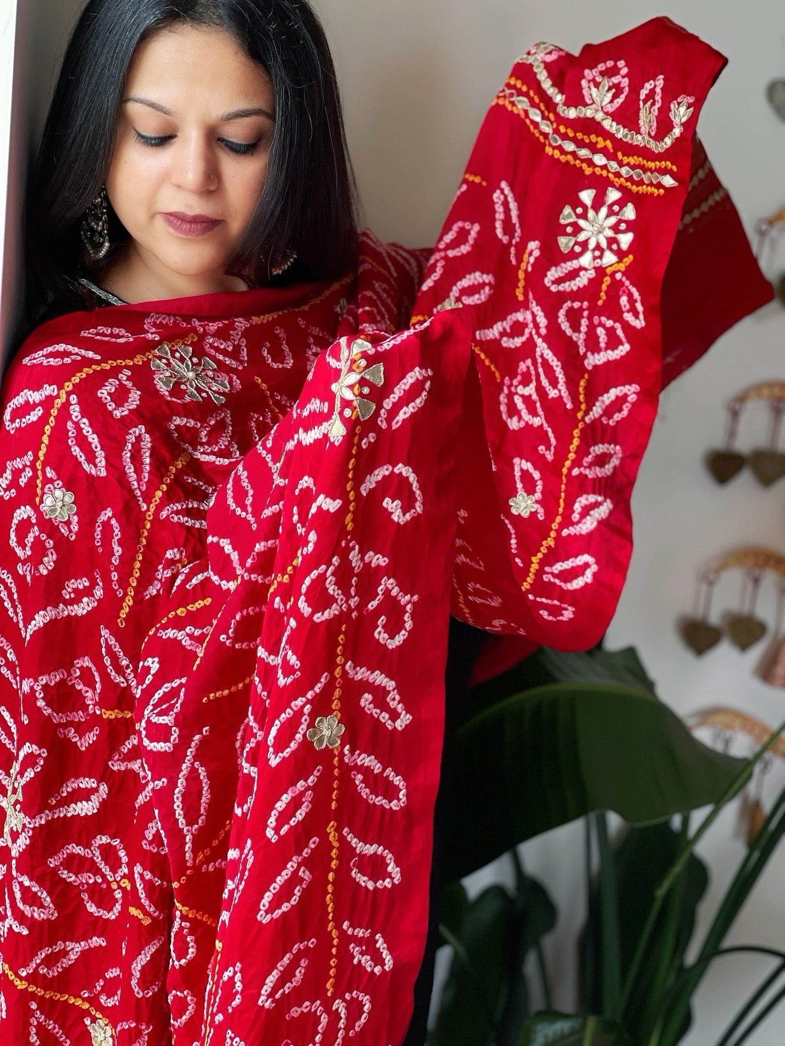 Red Bandhani Dupatta with Gotapatti Handwork in Pure Silk - Masakalee