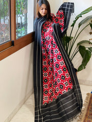 Red, Black Double Ikat Telia Rumal Dupatta in Cotton - Masakalee