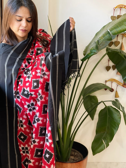 Red, Black Double Ikat Telia Rumal Dupatta in Cotton - Masakalee