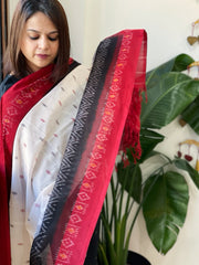 Red, Black Handwoven Ikat Dupatta in Cotton - Masakalee