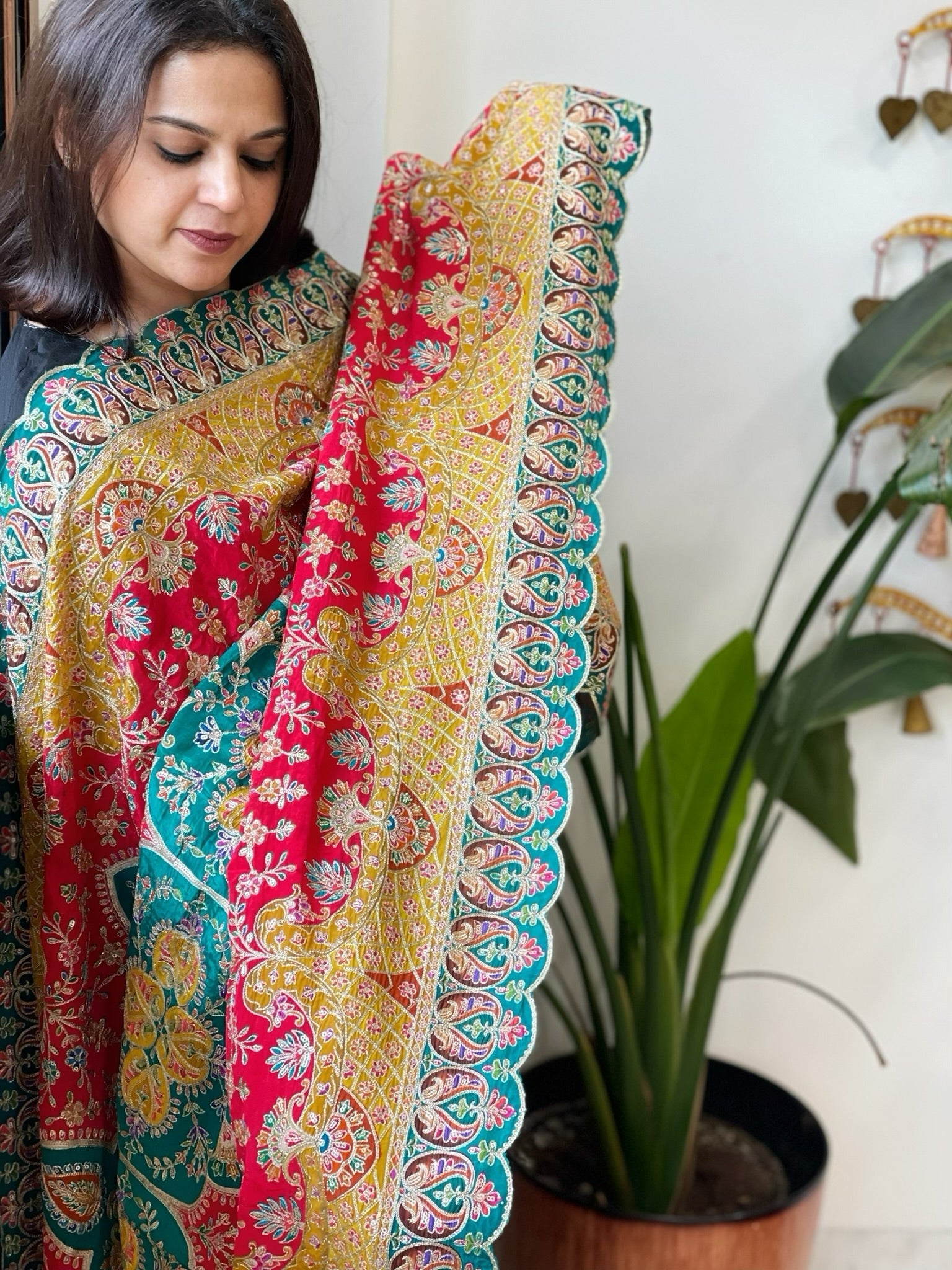 Red Chinon Dupatta with Aari Embroidery - Masakalee
