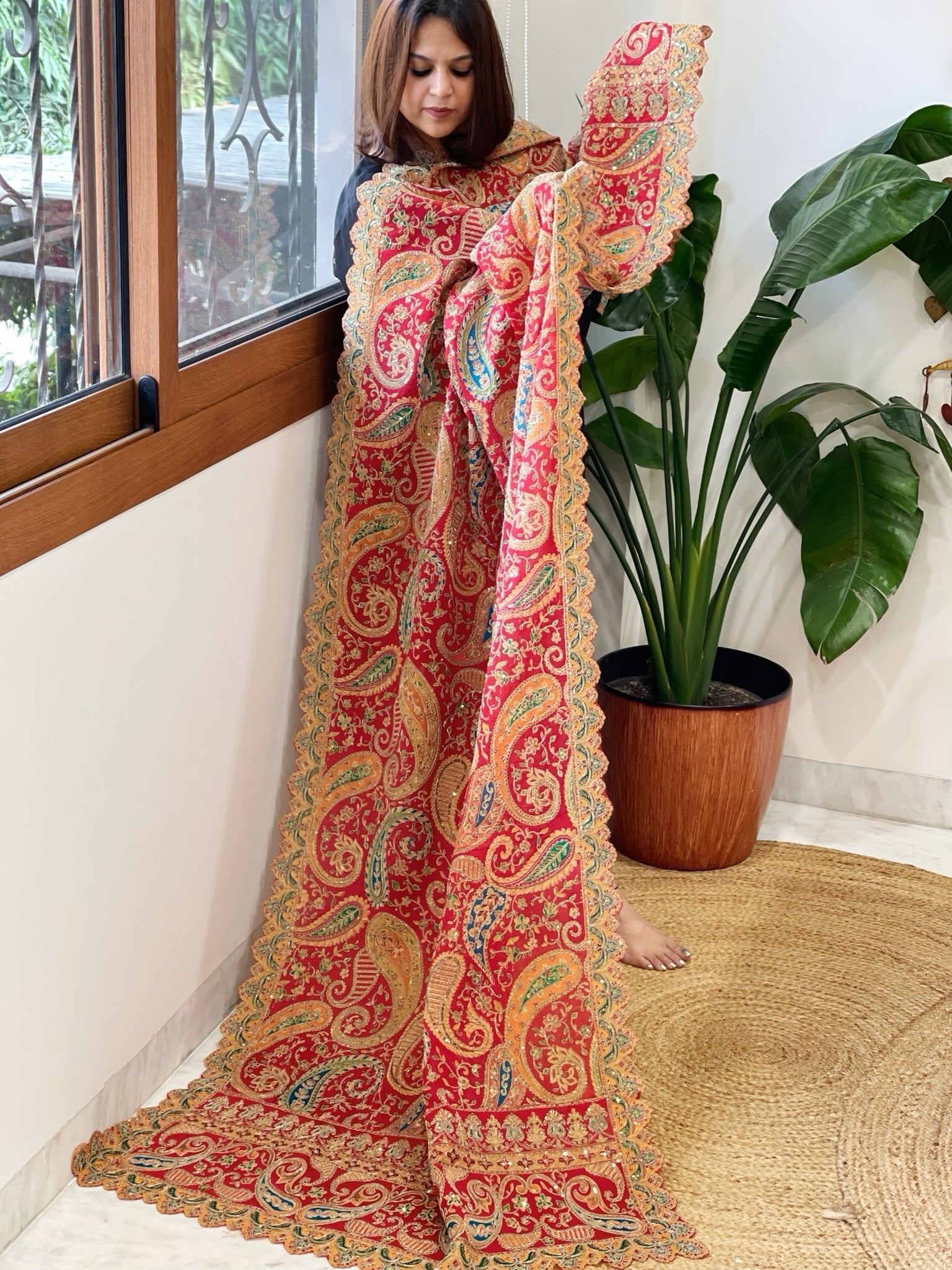 Red Chinon Dupatta with Aari Embroidery - Masakalee