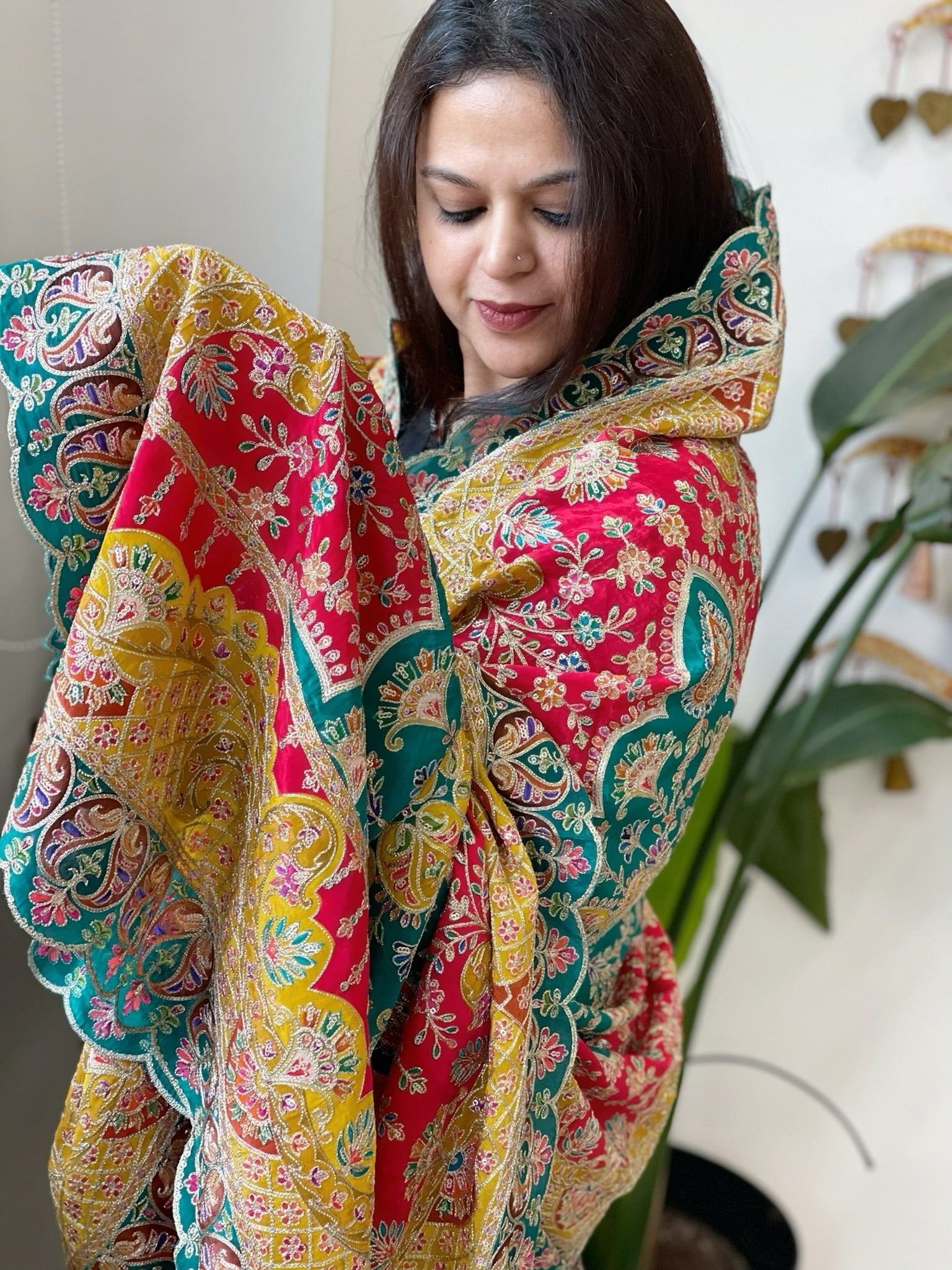 Red Chinon Dupatta with Aari Embroidery - Masakalee