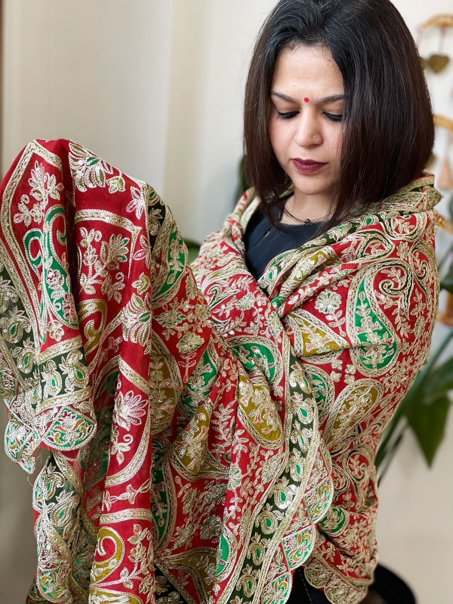 Red Chinon Dupatta with Aari Embroidery - Masakalee