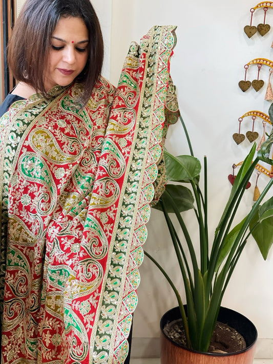 Red Chinon Dupatta with Aari Embroidery - Masakalee