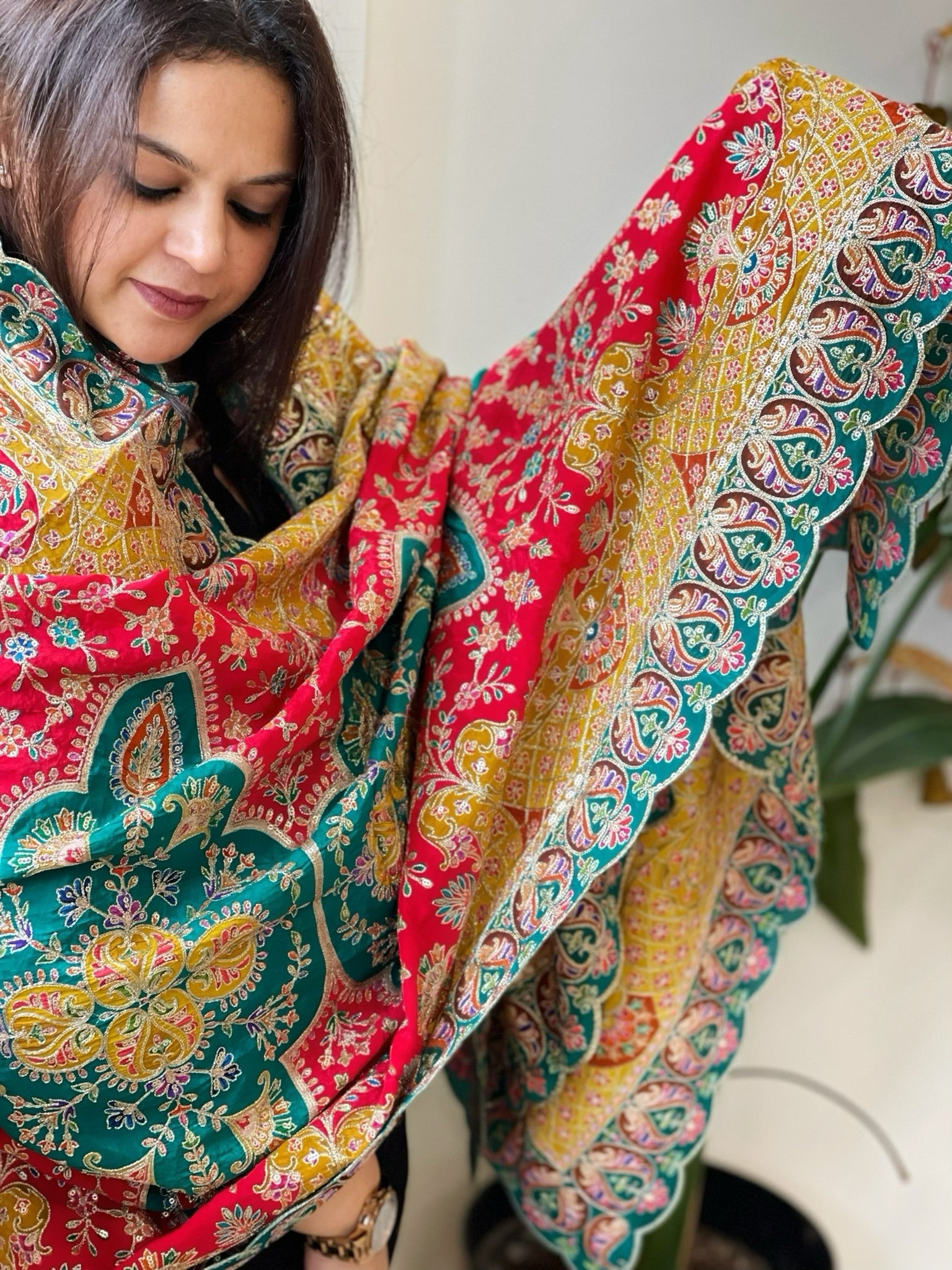 Red Chinon Dupatta with Aari Embroidery - Masakalee