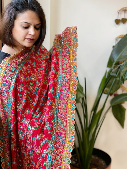 Red Chinon Dupatta with Aari Embroidery - Masakalee