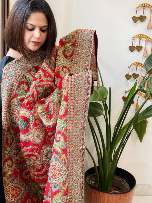 Red Chinon Dupatta with Aari Embroidery - Masakalee