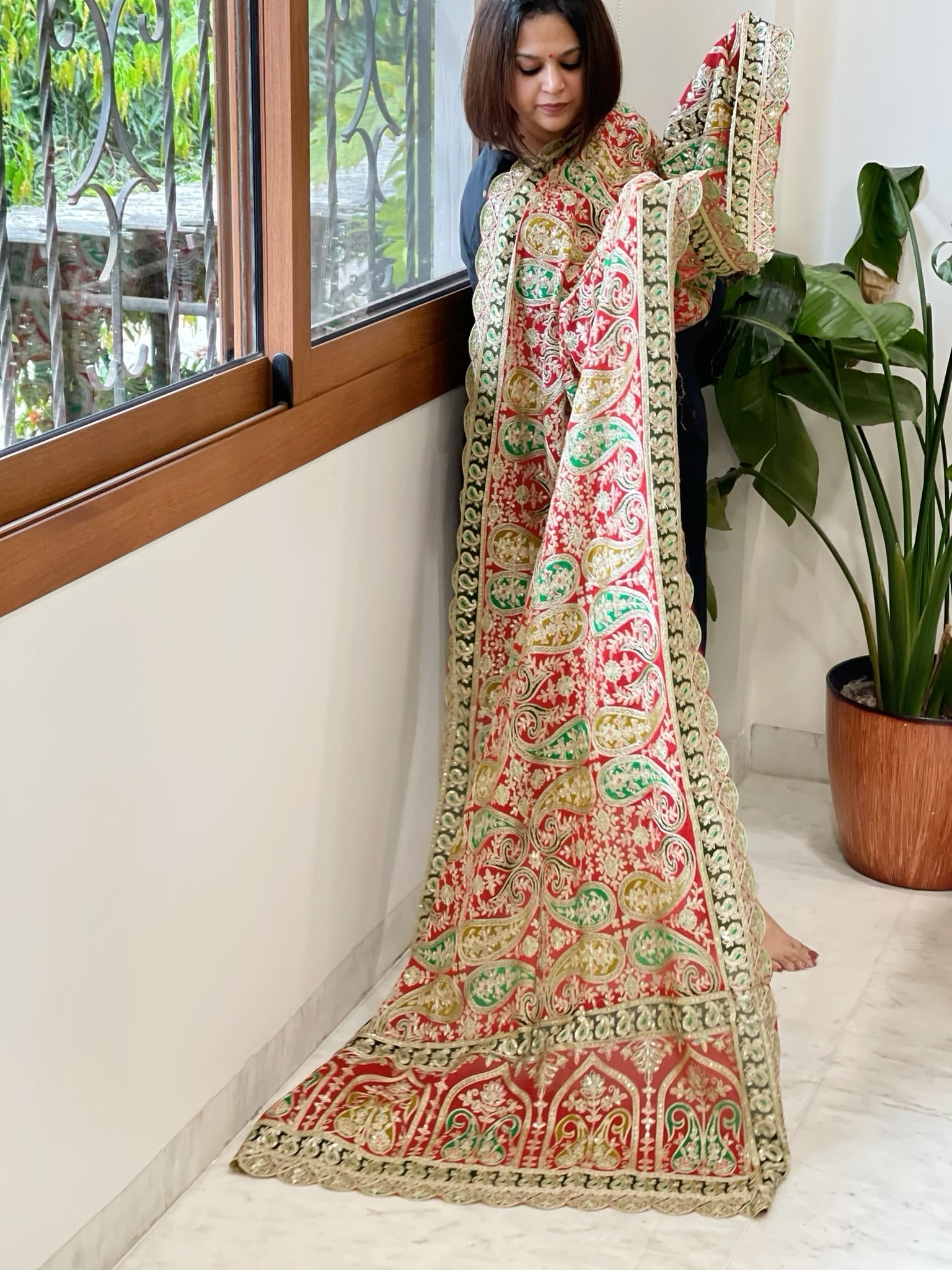 Red Chinon Dupatta with Aari Embroidery - Masakalee