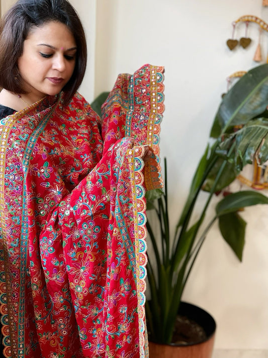 Red Chinon Dupatta with Aari Embroidery - Masakalee