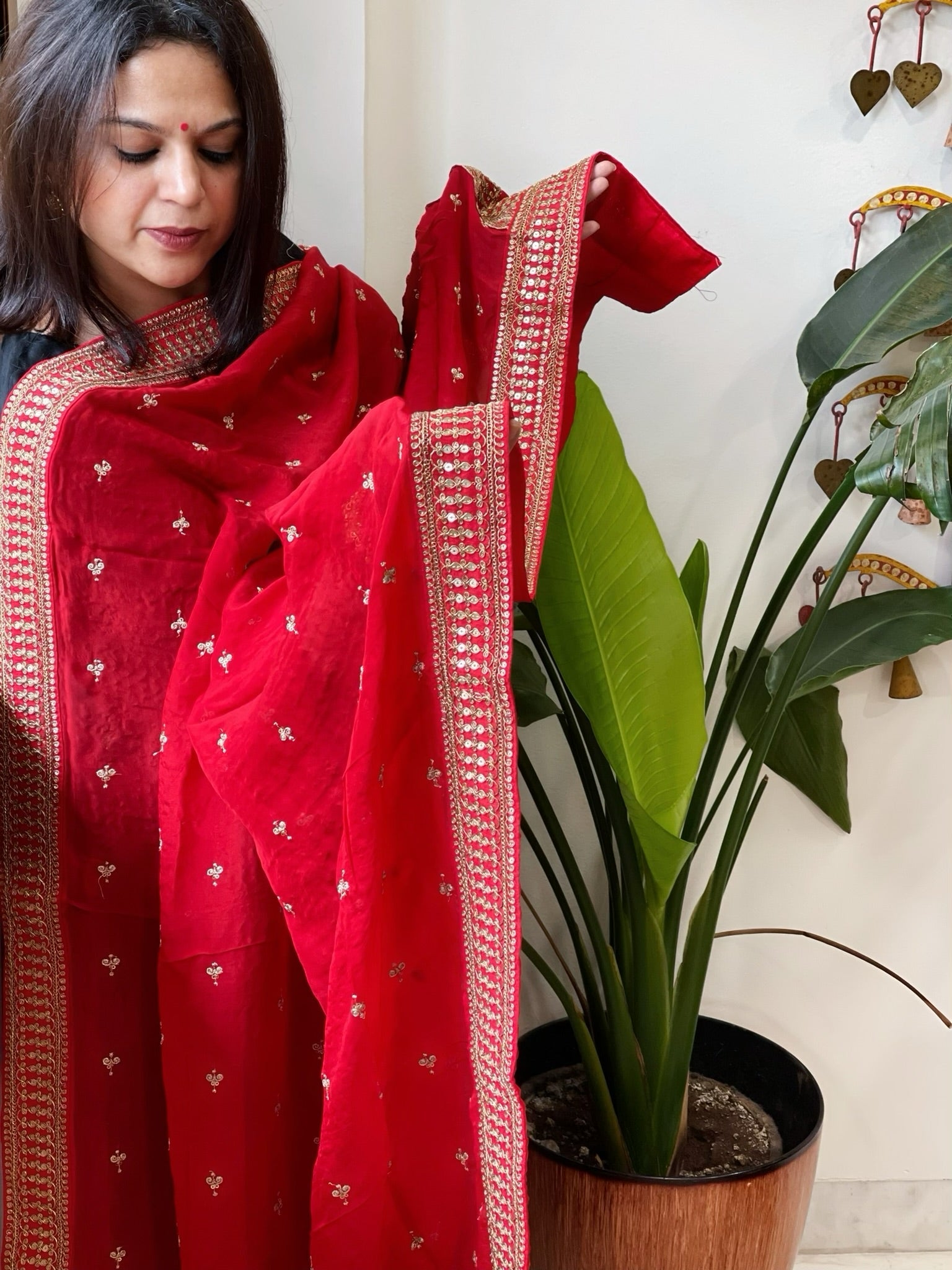 Red Chinon Dupatta with Sequin and Aari Embroidery - Masakalee