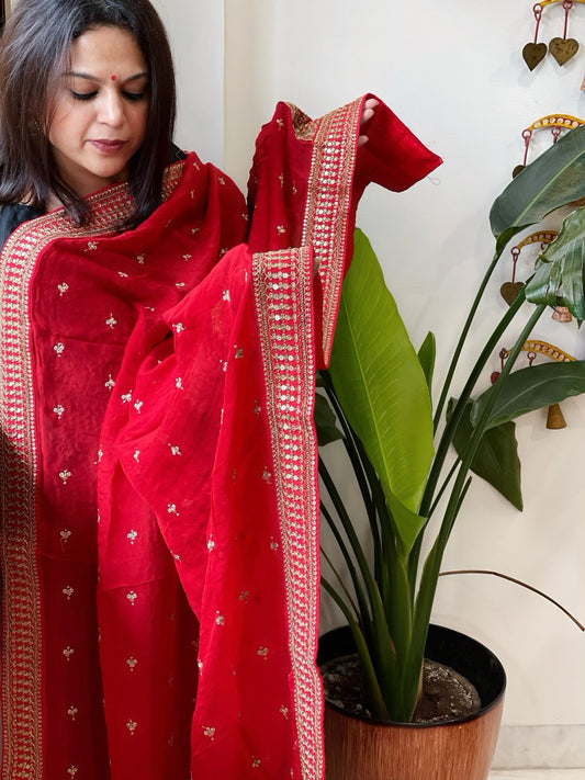 Red Chinon Dupatta with Sequin and Aari Embroidery - Masakalee