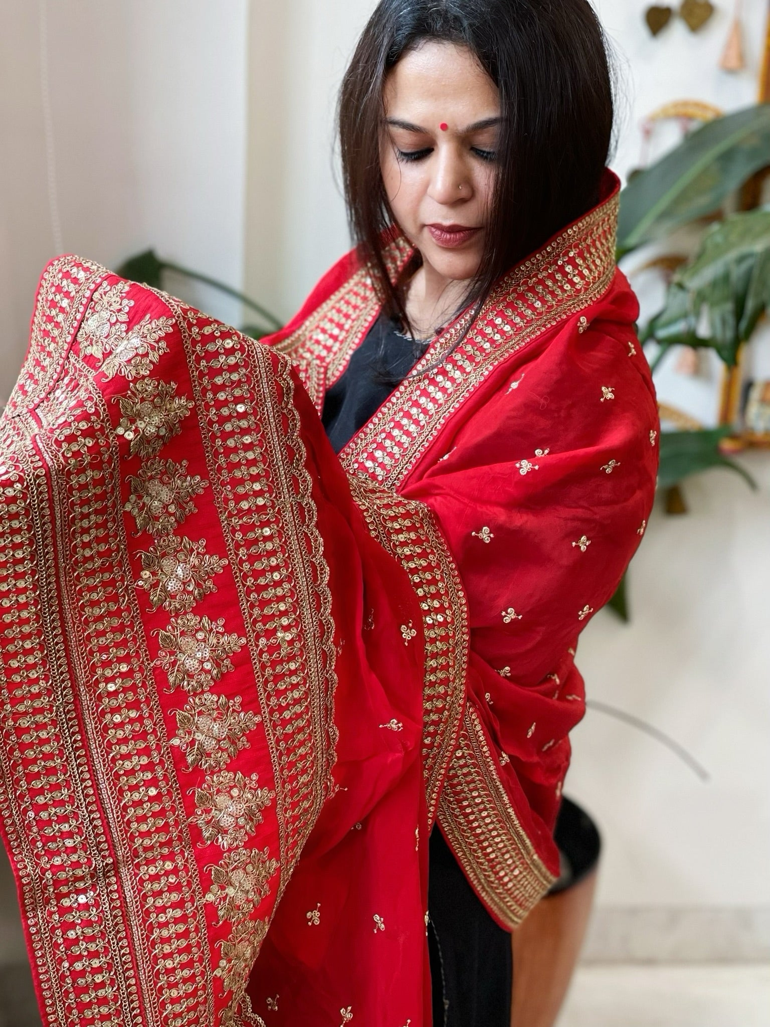 Red Chinon Dupatta with Sequin and Aari Embroidery - Masakalee