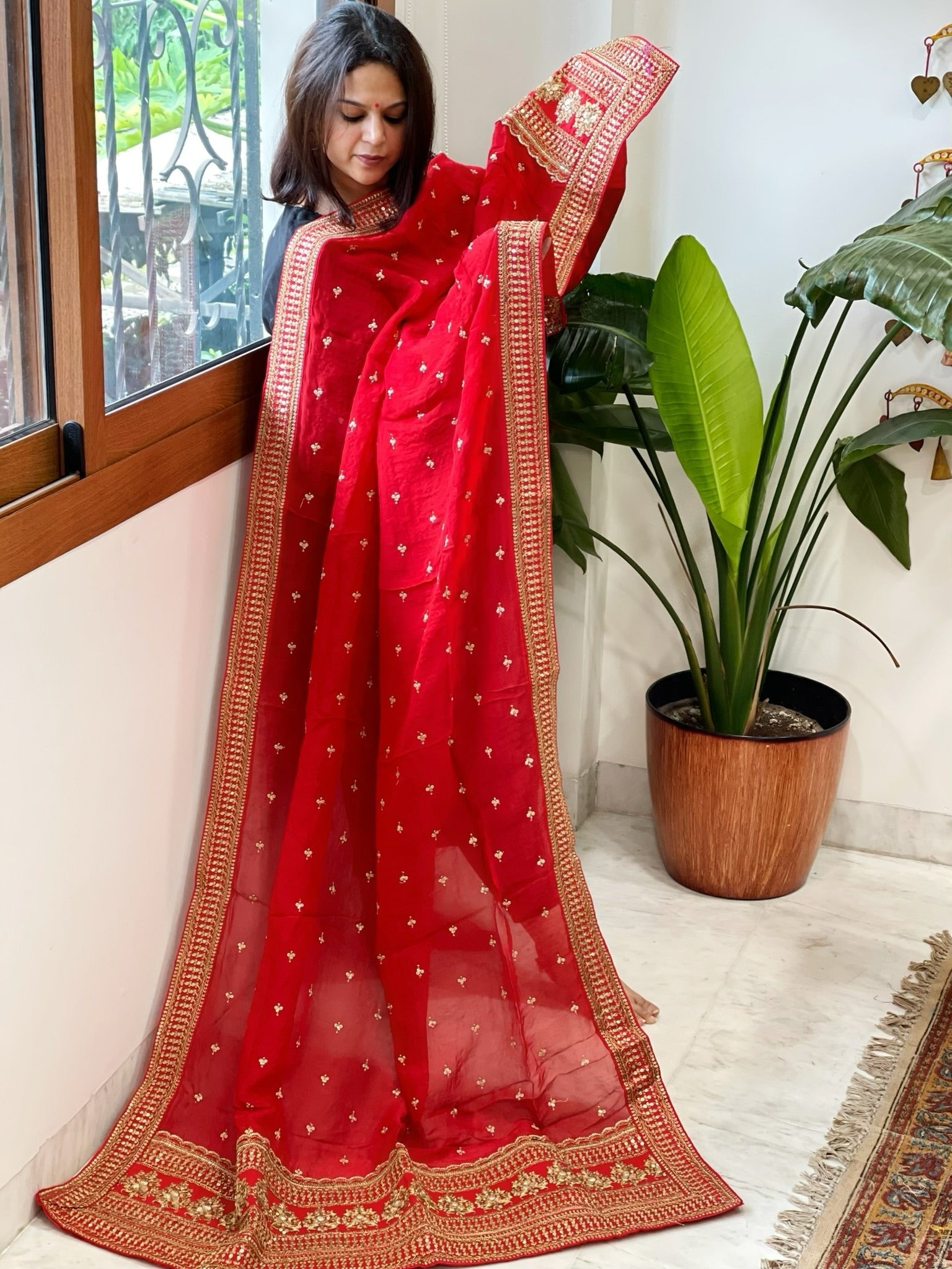 Red Chinon Dupatta with Sequin and Aari Embroidery - Masakalee