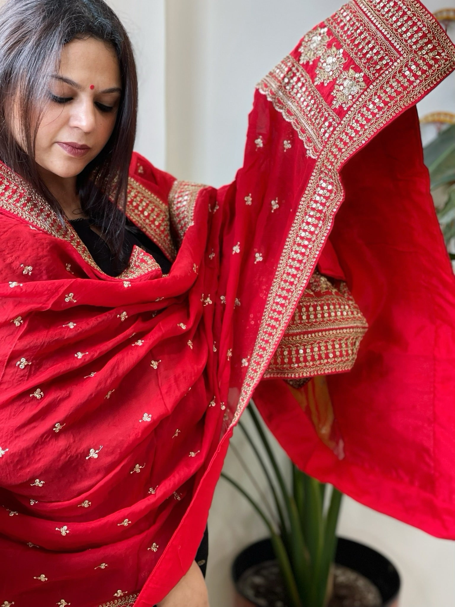Red Chinon Dupatta with Sequin and Aari Embroidery - Masakalee