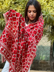 Red, Cream Designer Phulkari Dupatta in Tissue - Masakalee