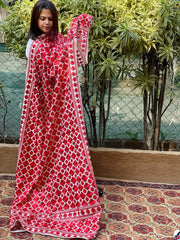 Red, Cream Designer Phulkari Dupatta in Tissue - Masakalee