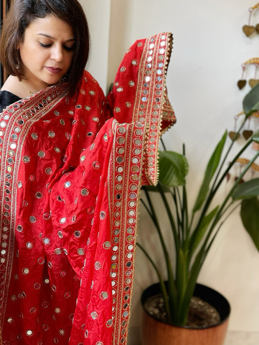Red Crepe Dupatta with Mirror and Cut Daana Work with Gota Lace Border - Masakalee