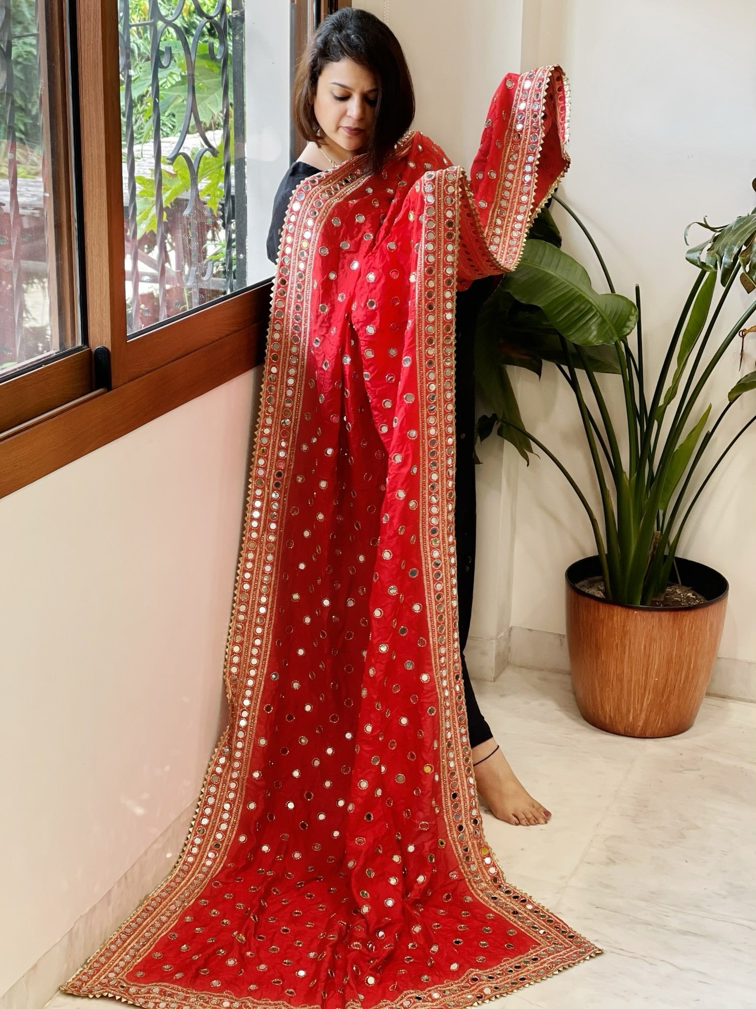 Red Crepe Dupatta with Mirror and Cut Daana Work with Gota Lace Border - Masakalee