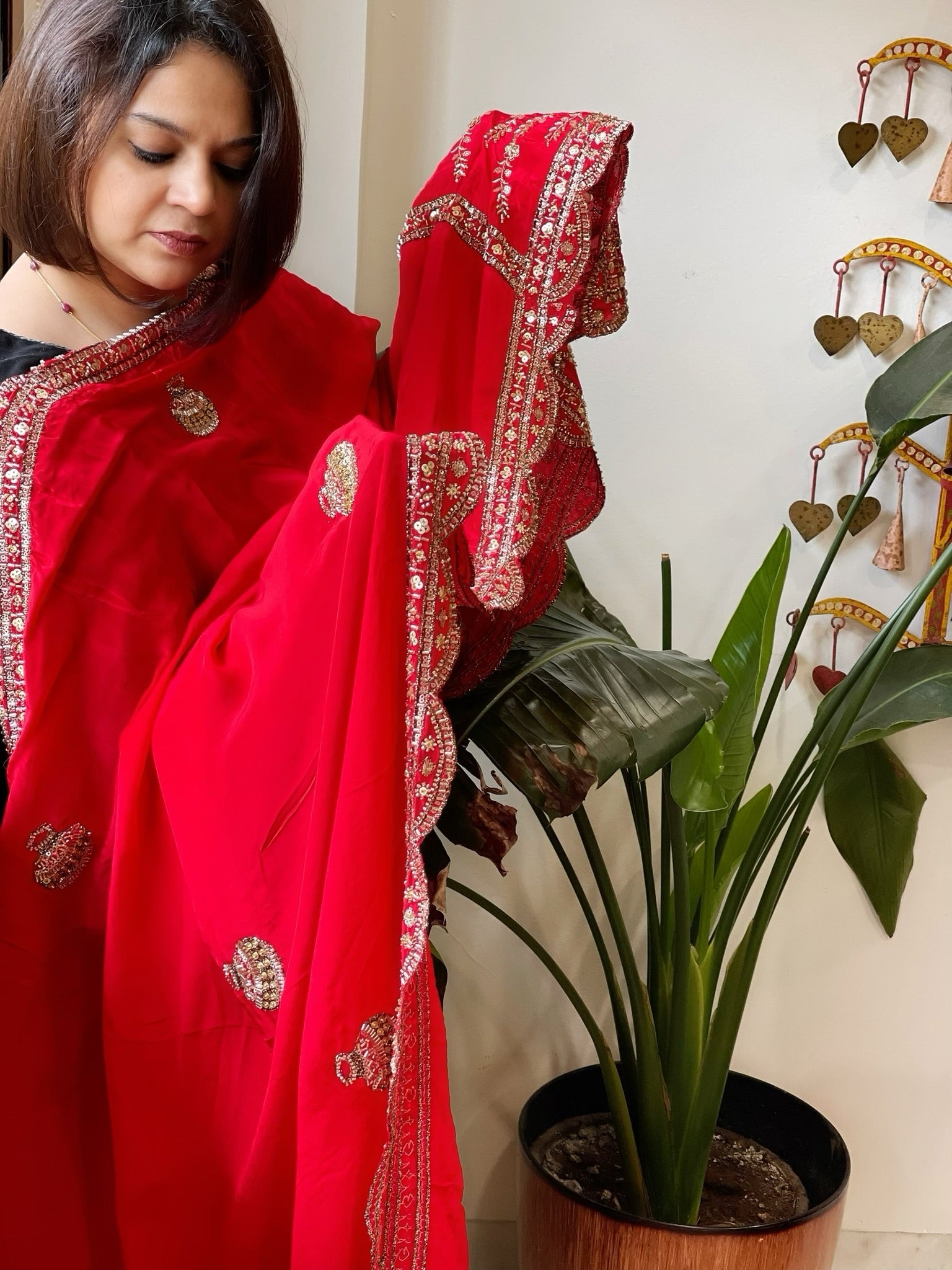 Red Crepe Dupatta with Pearl, Cut Daana, Gold Thread & Sequin Embroidery - Masakalee