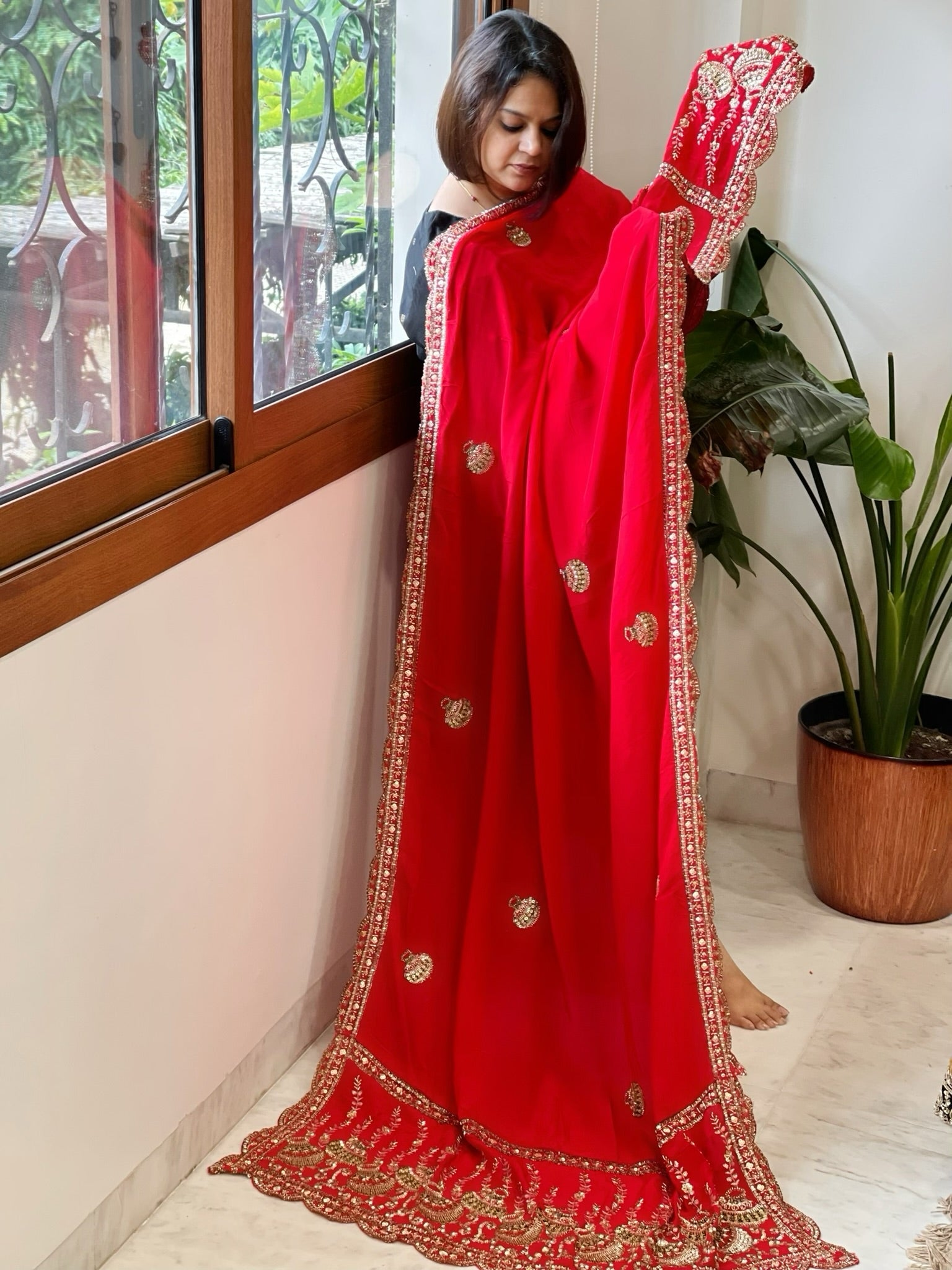 Red Crepe Dupatta with Pearl, Cut Daana, Gold Thread & Sequin Embroidery - Masakalee