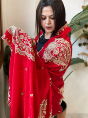 Red Crepe Dupatta with Pearl, Cut Daana, Gold Thread & Sequin Embroidery - Masakalee