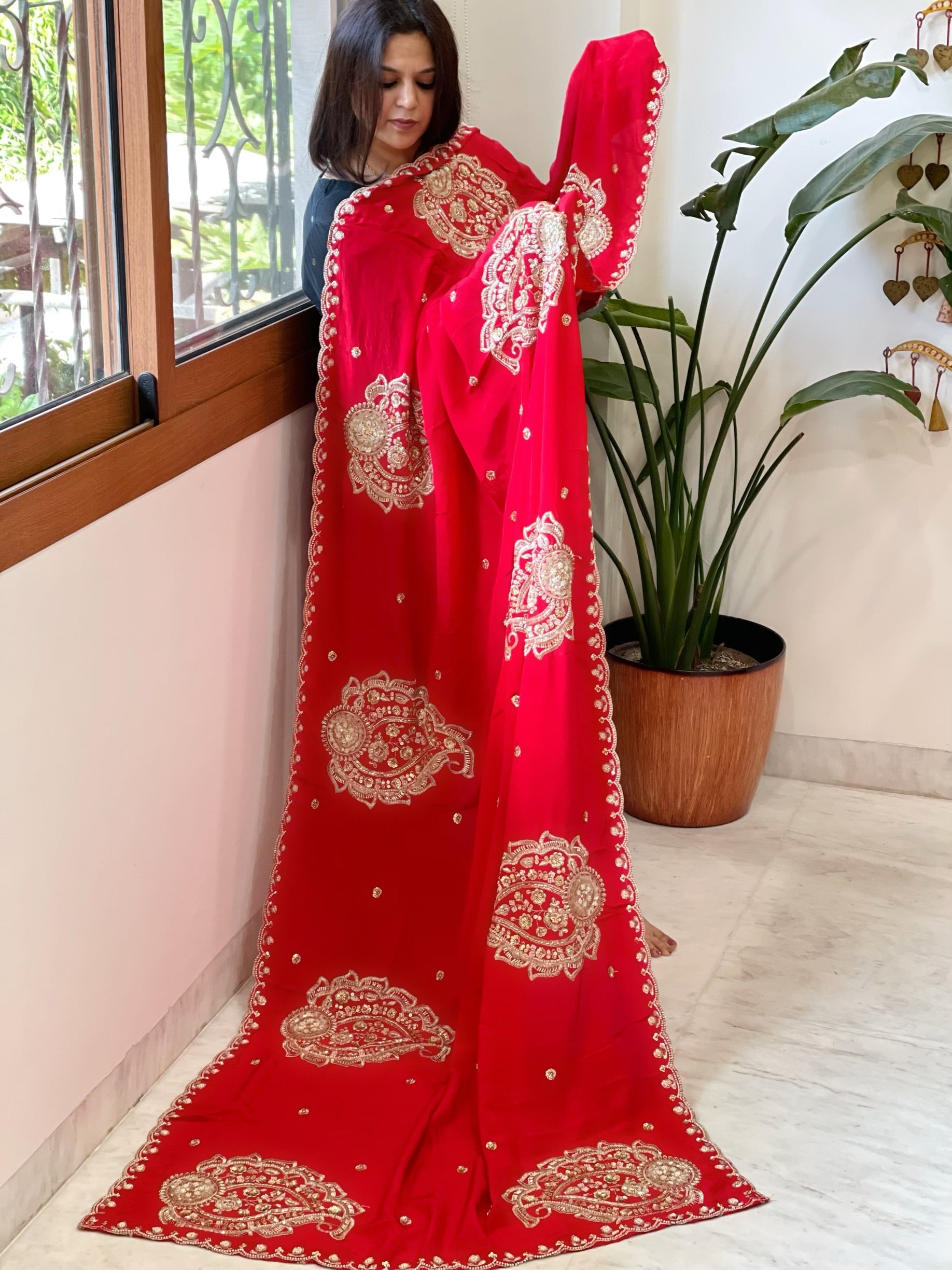 Red Crepe Dupatta with Pearl, Cut Daana, Gold Thread & Sequin Embroidery - Masakalee