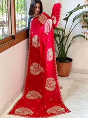 Red Crepe Dupatta with Pearl, Cut Daana, Gold Thread & Sequin Embroidery - Masakalee