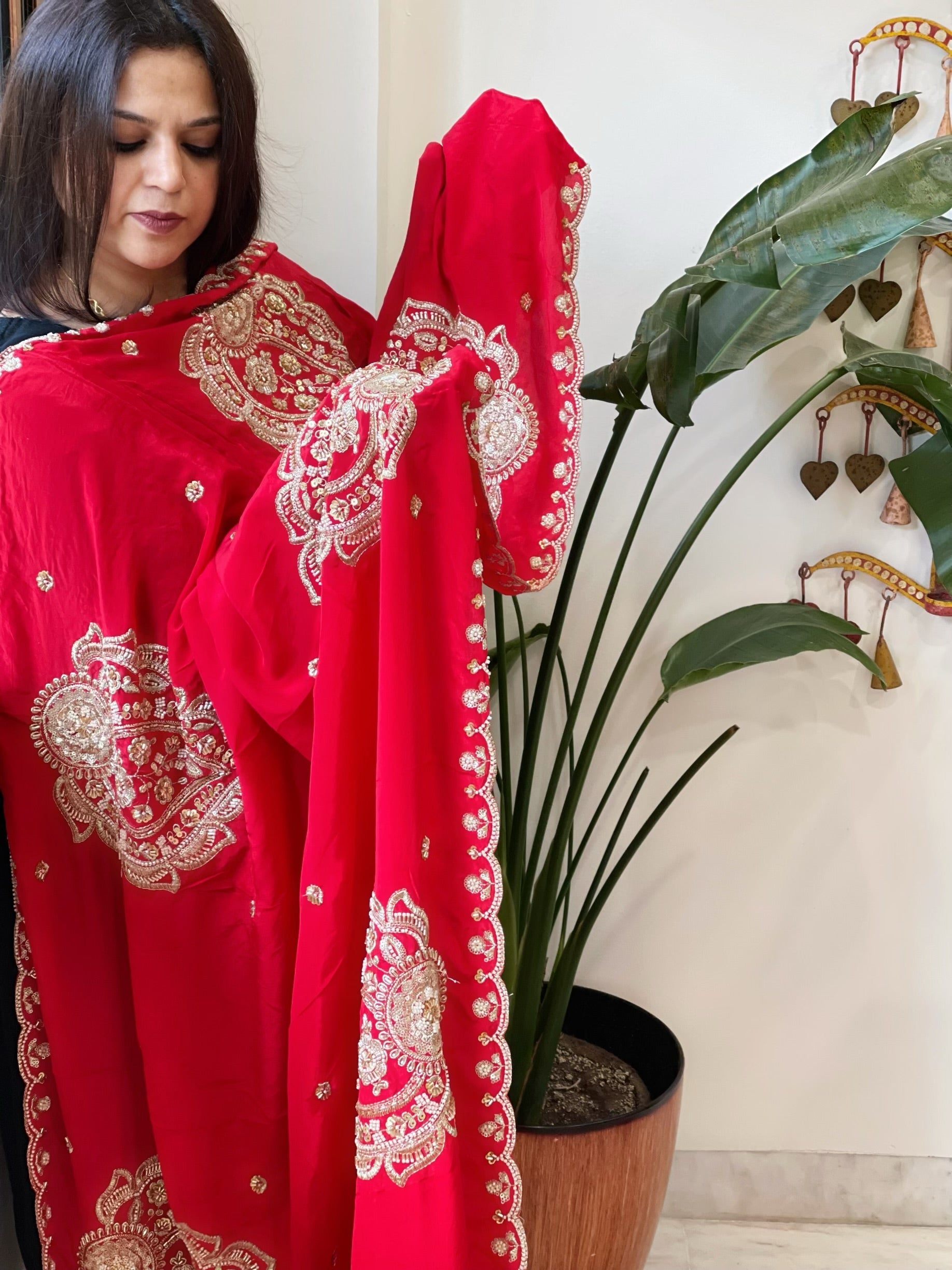 Red Crepe Dupatta with Pearl, Cut Daana, Gold Thread & Sequin Embroidery - Masakalee