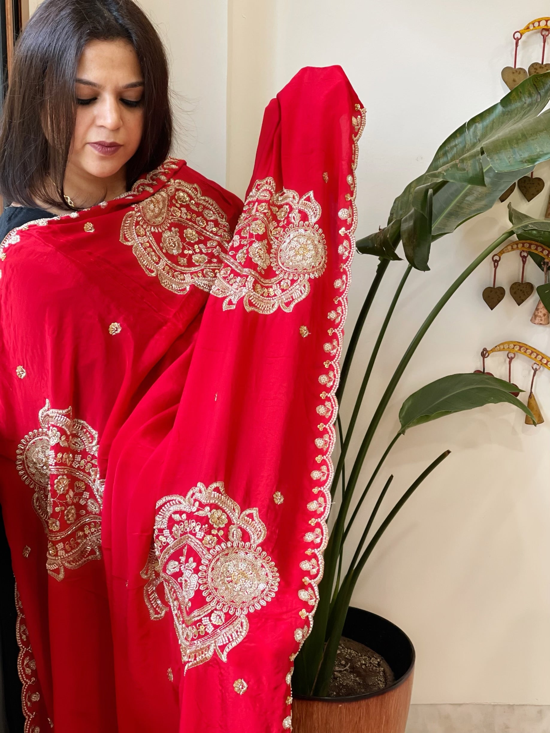 Red Crepe Dupatta with Pearl, Cut Daana, Gold Thread & Sequin Embroidery - Masakalee