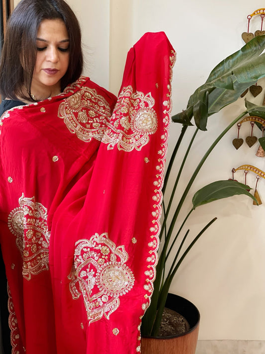 Red Crepe Dupatta with Pearl, Cut Daana, Gold Thread & Sequin Embroidery - Masakalee
