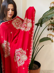 Red Crepe Dupatta with Pearl, Cut Daana, Gold Thread & Sequin Embroidery - Masakalee