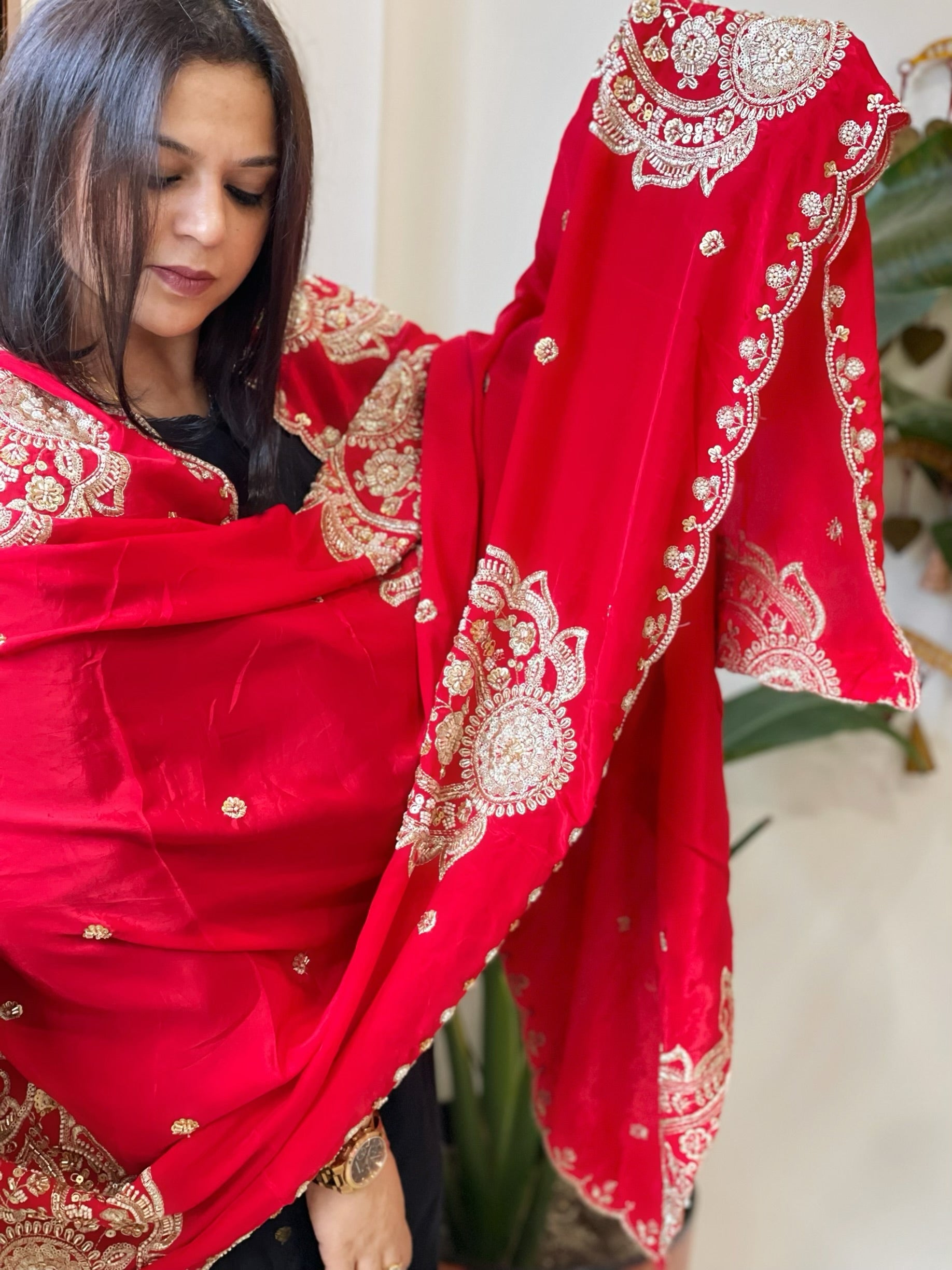 Red Crepe Dupatta with Pearl, Cut Daana, Gold Thread & Sequin Embroidery - Masakalee