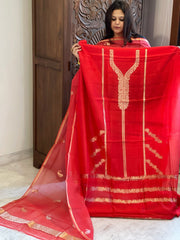 Red Designer Banarasi Suit Set in Pure Silk - Masakalee