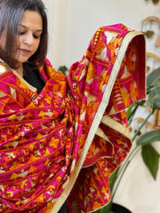 Red Designer Phulkari Dupatta in Khaddar Cotton - Masakalee