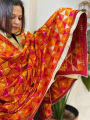 Red Designer Phulkari Dupatta in Khaddar Cotton - Masakalee