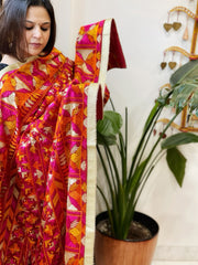 Red Designer Phulkari Dupatta in Khaddar Cotton - Masakalee