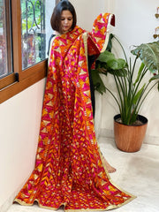 Red Designer Phulkari Dupatta in Khaddar Cotton - Masakalee