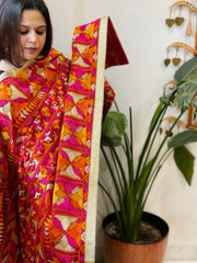 Red Designer Phulkari Dupatta in Khaddar Cotton - Masakalee