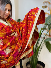 Red Designer Phulkari Dupatta in Khaddar Cotton - Masakalee