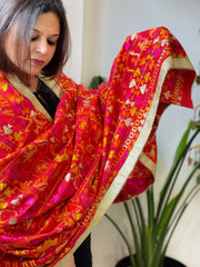 Red Designer Phulkari Dupatta in Khaddar Cotton - Masakalee