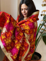 Red Designer Phulkari Dupatta in Khaddar Cotton - Masakalee